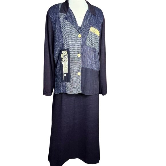 Vintage Piccalino Petite Patchwork Blazer & Skirt Set - Long Sleeve Jacket With - Picture 2 of 16